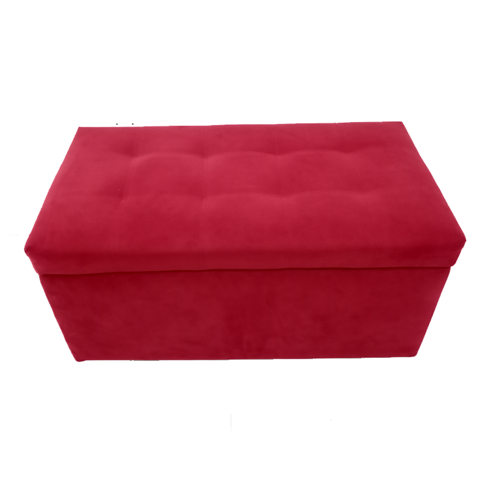 Red fabric storage ottoman with flat padded top