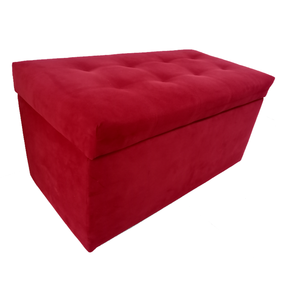 Red fabric storage ottoman with cushioned hinged lid