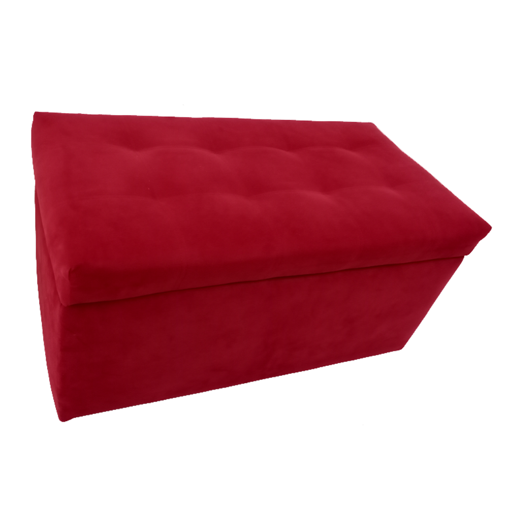 Red fabric storage ottoman with cushioned top and rounded corners