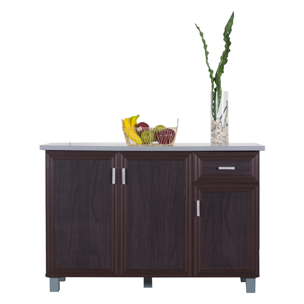 Wenge kitchen cabinet with white countertop, double door center, and side storage drawers