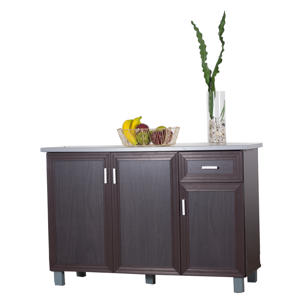 Wenge kitchen cabinet with countertop and tall side cabinet, double center doors, silver pulls