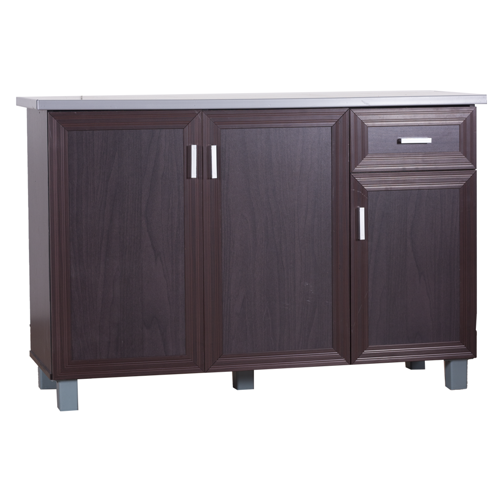 Wenge kitchen cabinet side view with white countertop, double doors, and right drawers, silver handles