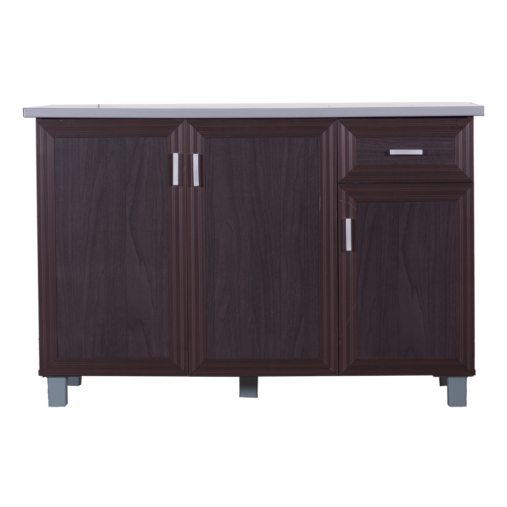 Wenge kitchen cabinet with white countertop, double doors center, right cabinet with silver handle