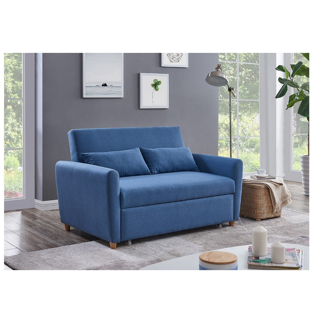 Blue fabric sofa bed with two back cushions and seat open for sleeping
