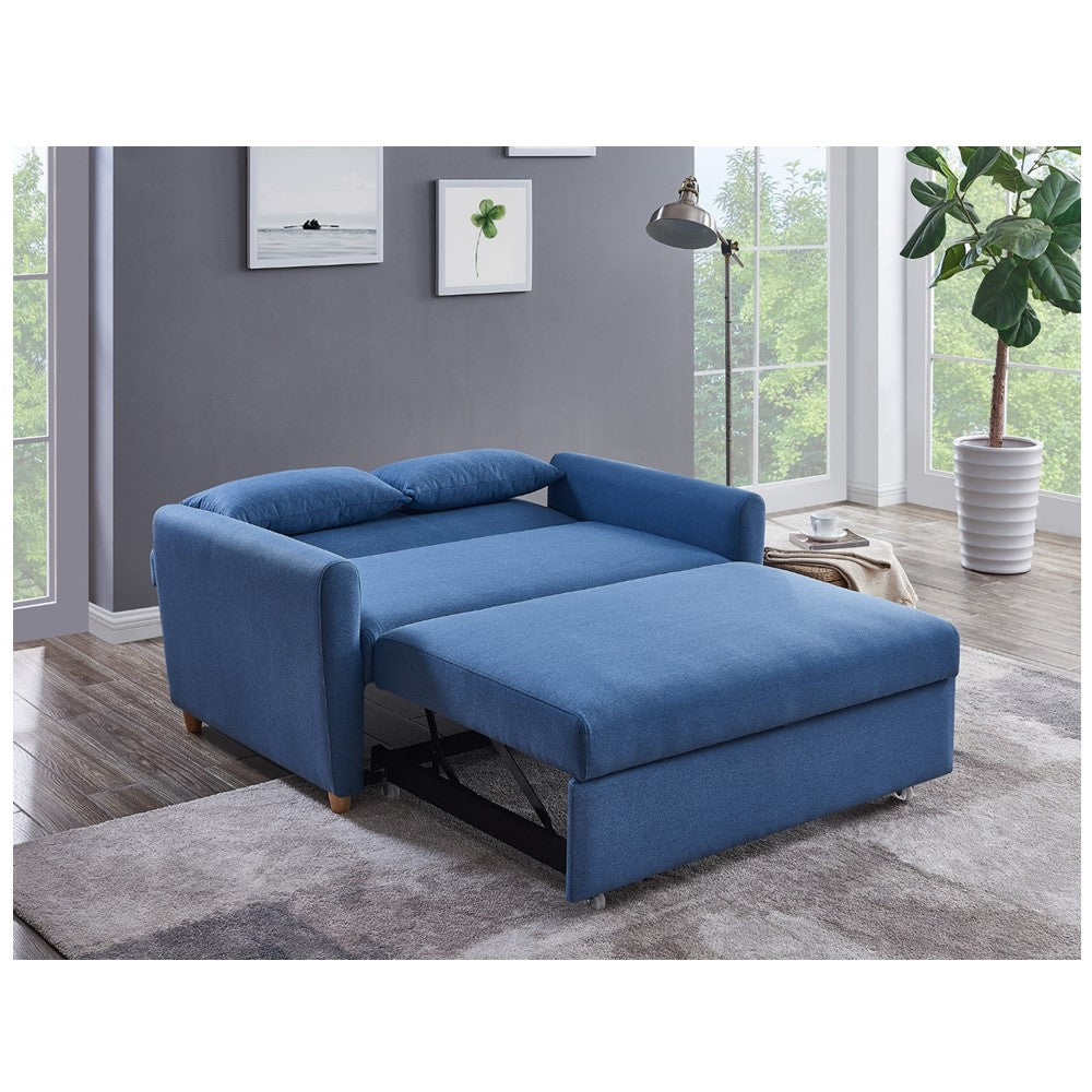 Blue upholstered sofa bed with rolled back cushions and open bed position