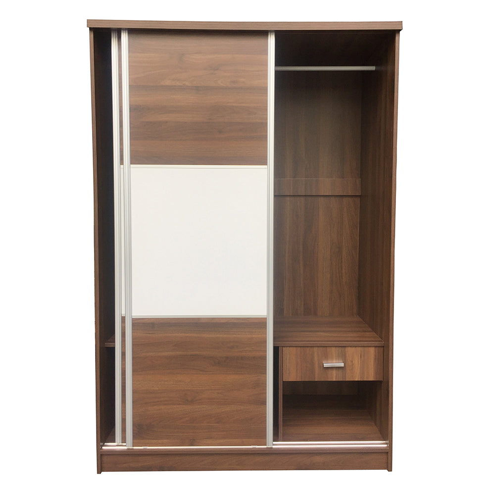Medium walnut 2-door wardrobe with white panel doors and open storage compartment