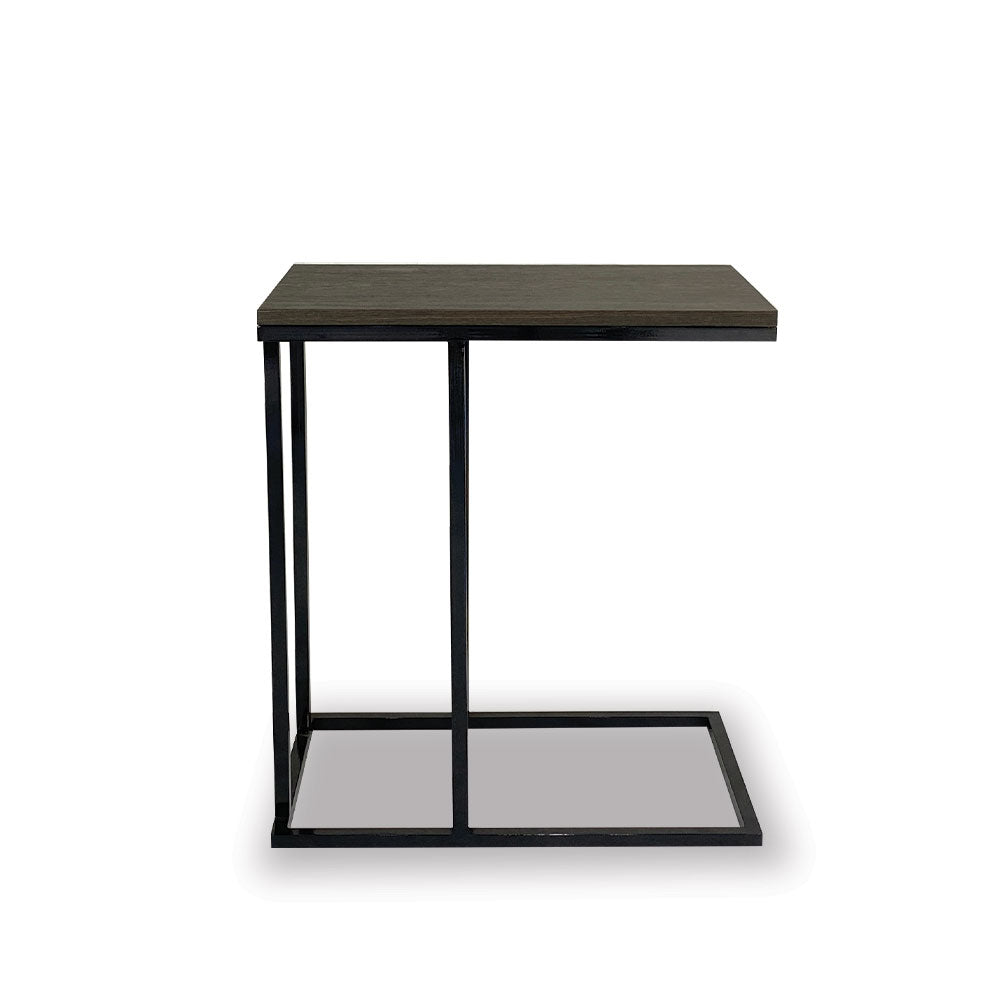 SAUVILLE side table with dark wood top, black metal legs, and grey base shelf