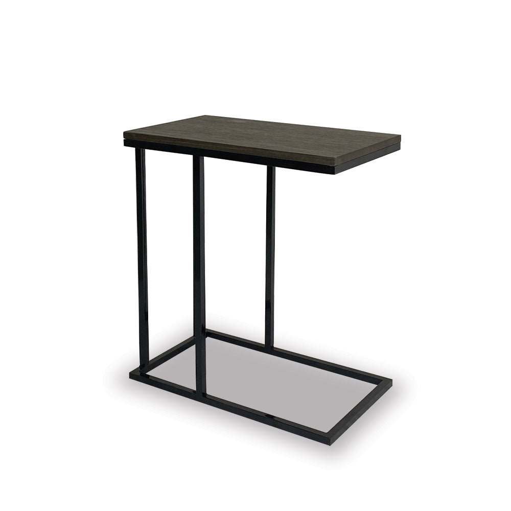 SAUVILLE side table with dark wood top and black frame, grey lower shelf