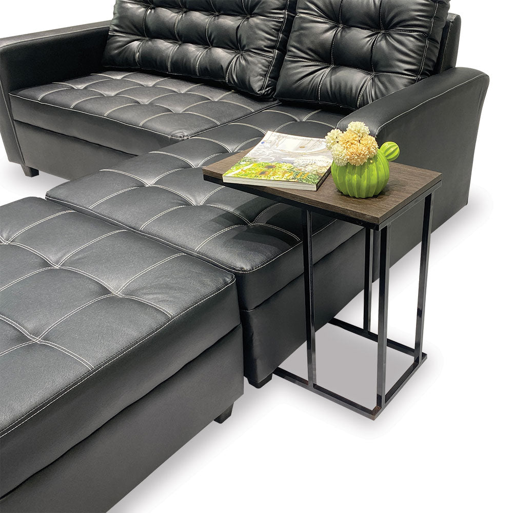 SAUVILLE side table beside grey sofa, dark wood top and black metal lower shelf