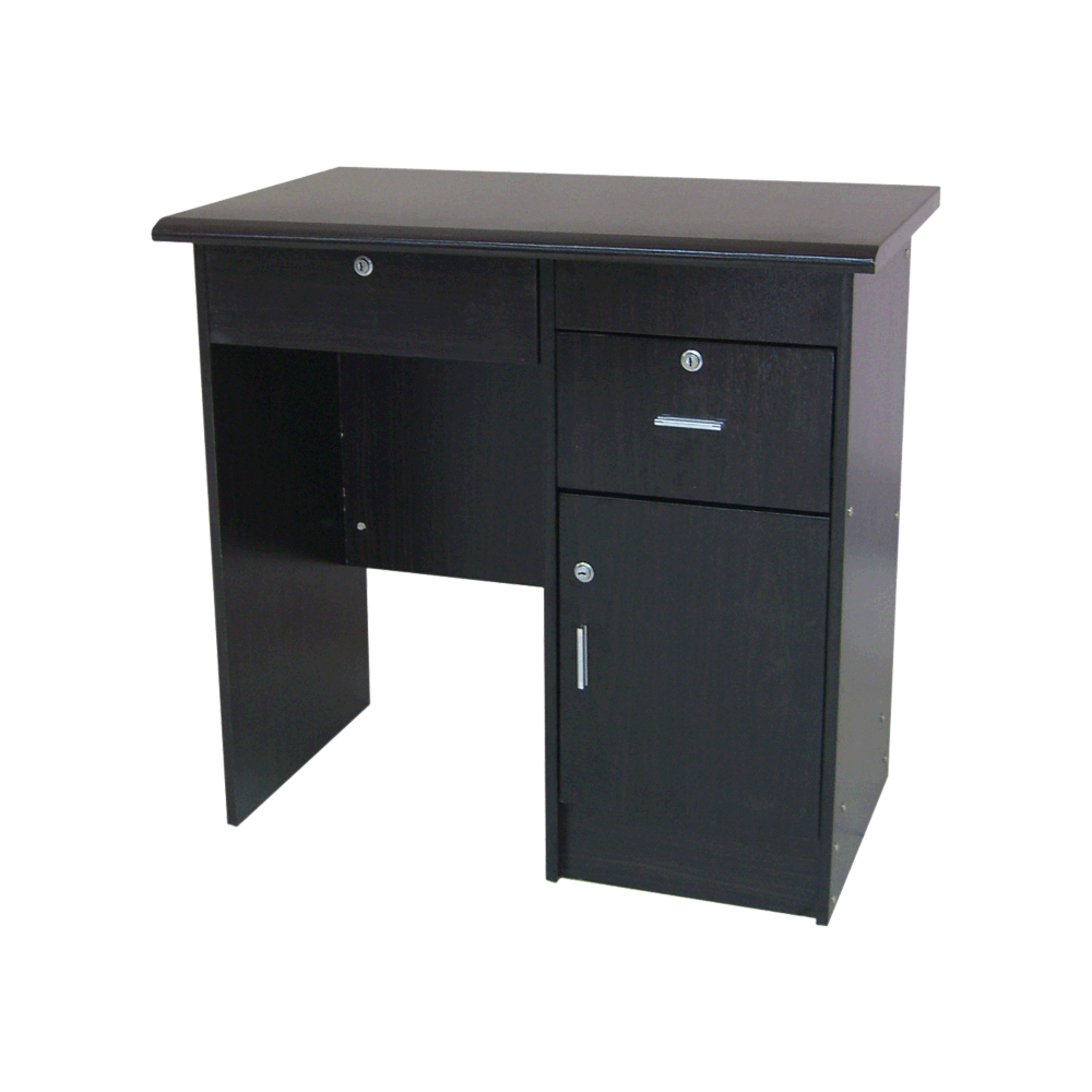 Dark office table with drawer and cabinet doors, rectangular tabletop