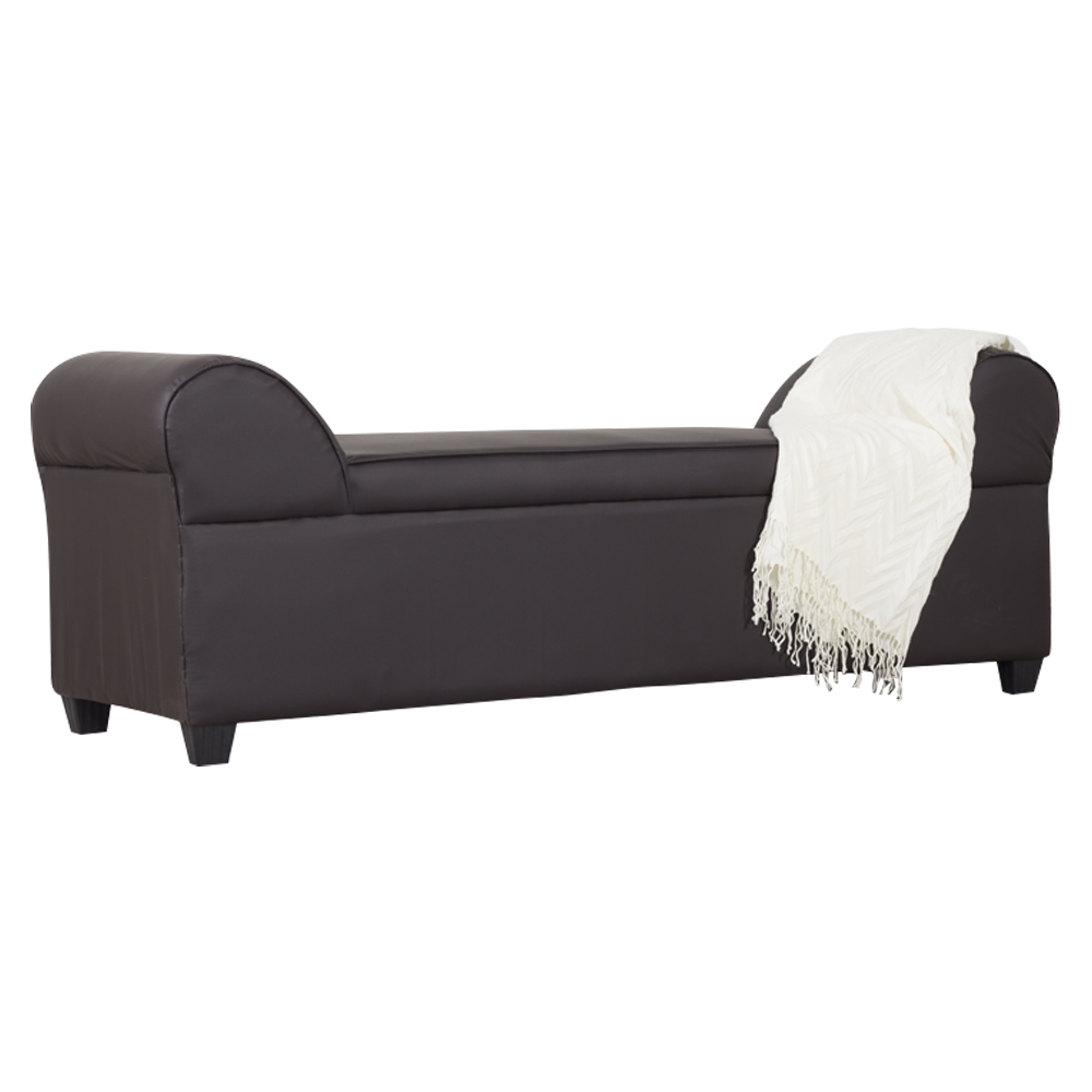 Lounge sofa with rounded arms, dark upholstery, short legs, and white throw blanket