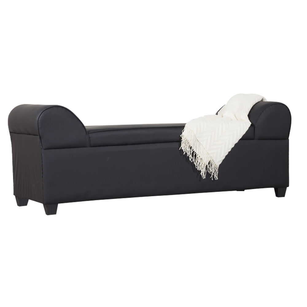 Lounge sofa with padded arms and dark upholstery, with a white throw blanket on seat