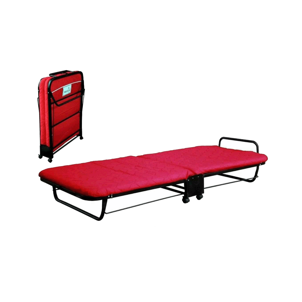 Folding bed with red padded mattress and black frame, with matching red storage case