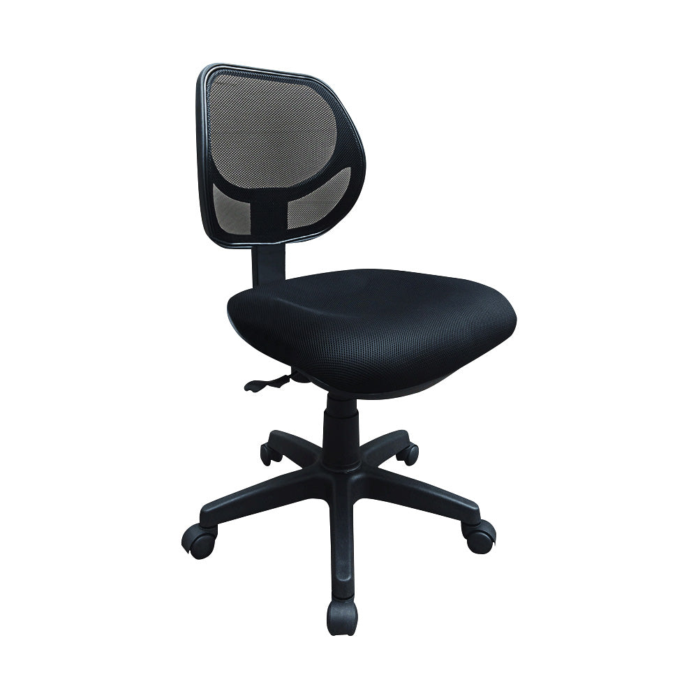 Office chair with mesh backrest and black padded seat, on five-wheel base