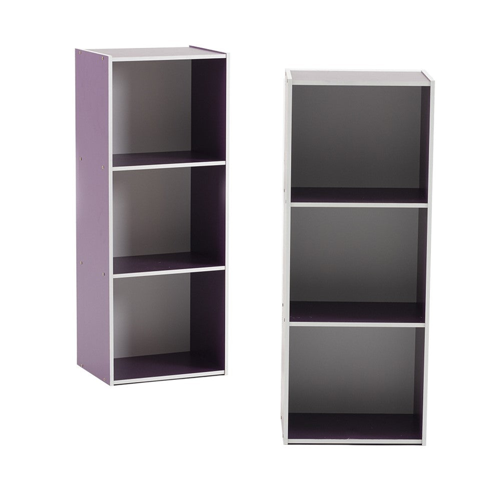 Open bookshelf cabinet in violet with white interior and three open shelves.