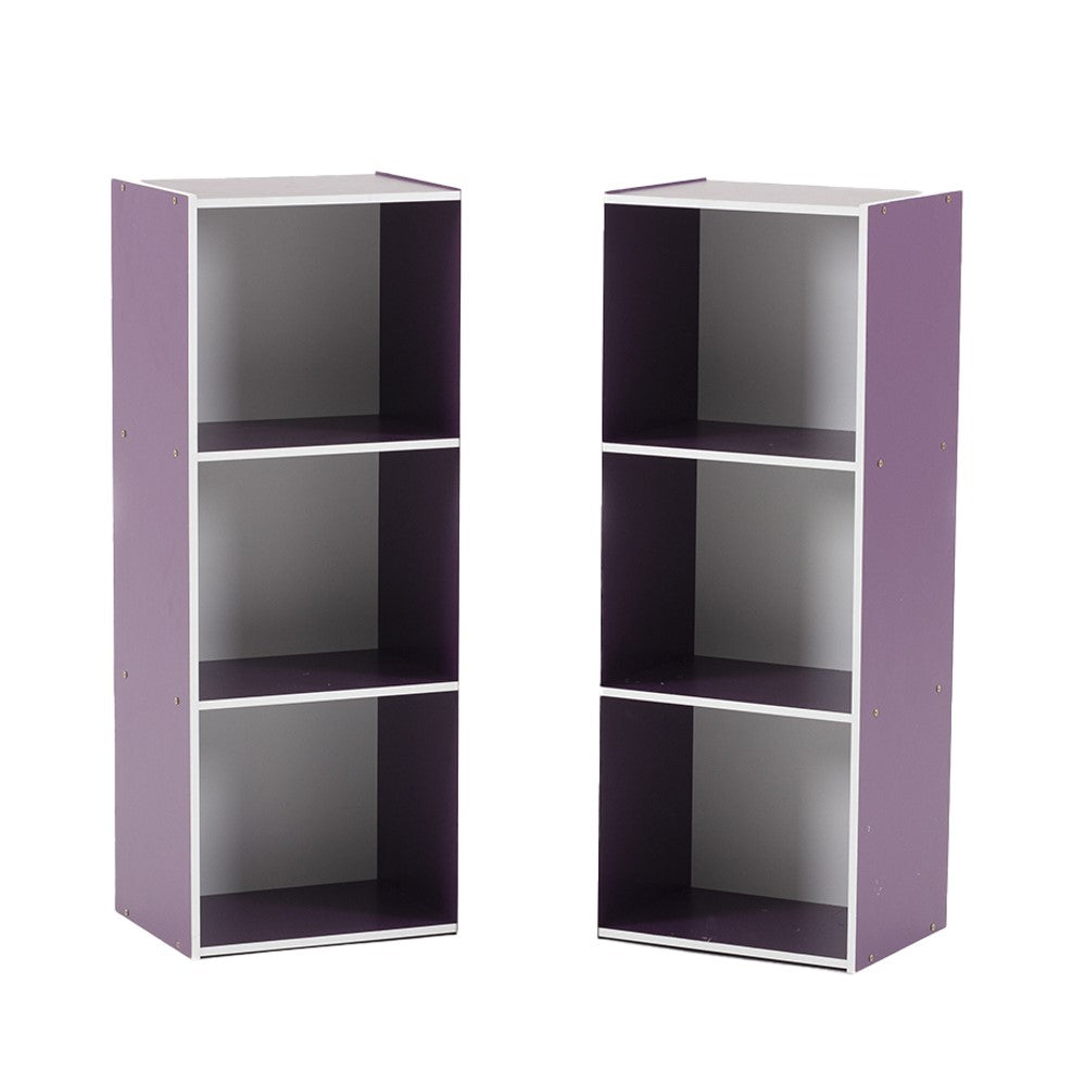 Open bookshelf cabinet in violet with white shelves, showing open side frame.