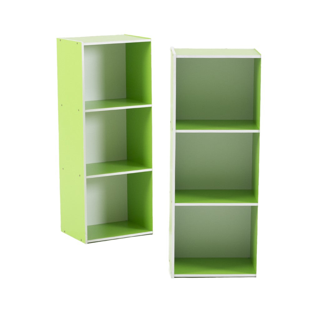 Open bookshelf cabinet in bright green with white shelves and three open compartments.