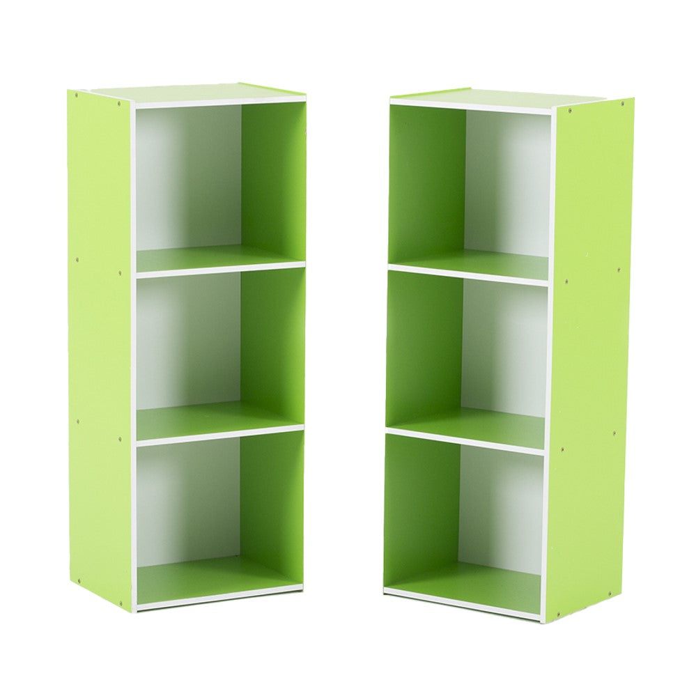 Open bookshelf cabinet in lime green with white interior and three open shelves.