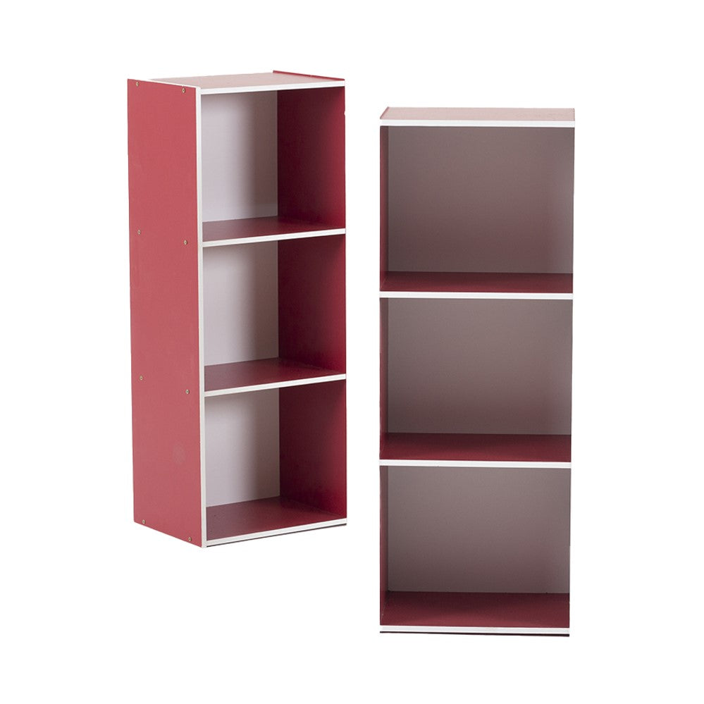 Open bookshelf cabinet in red with white interior and three open shelves.