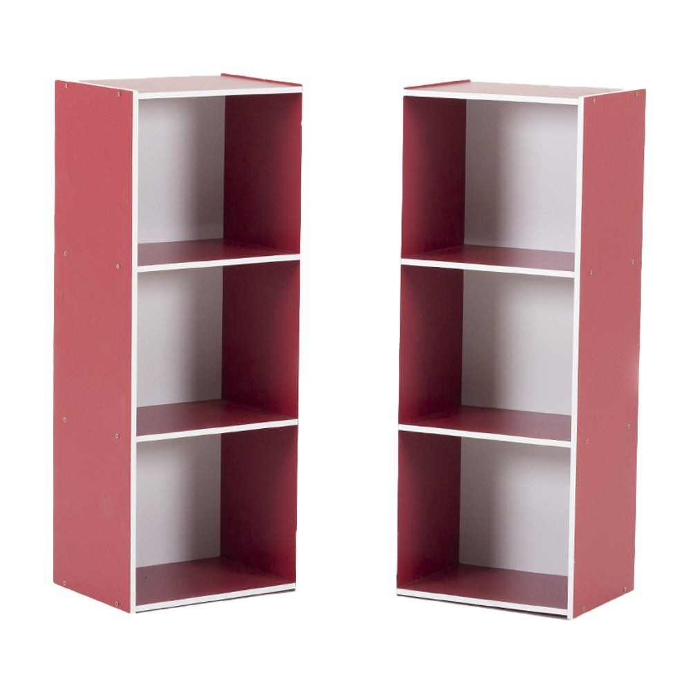 Open bookshelf cabinet in red with three open shelves and white side framing.