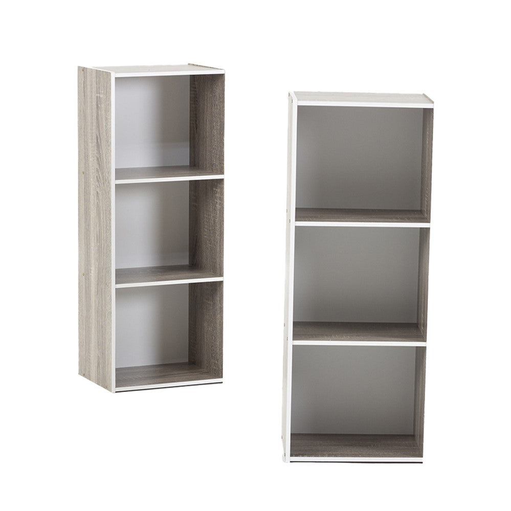 Open bookshelf cabinet in grey wood grain with three open shelves and white interior.