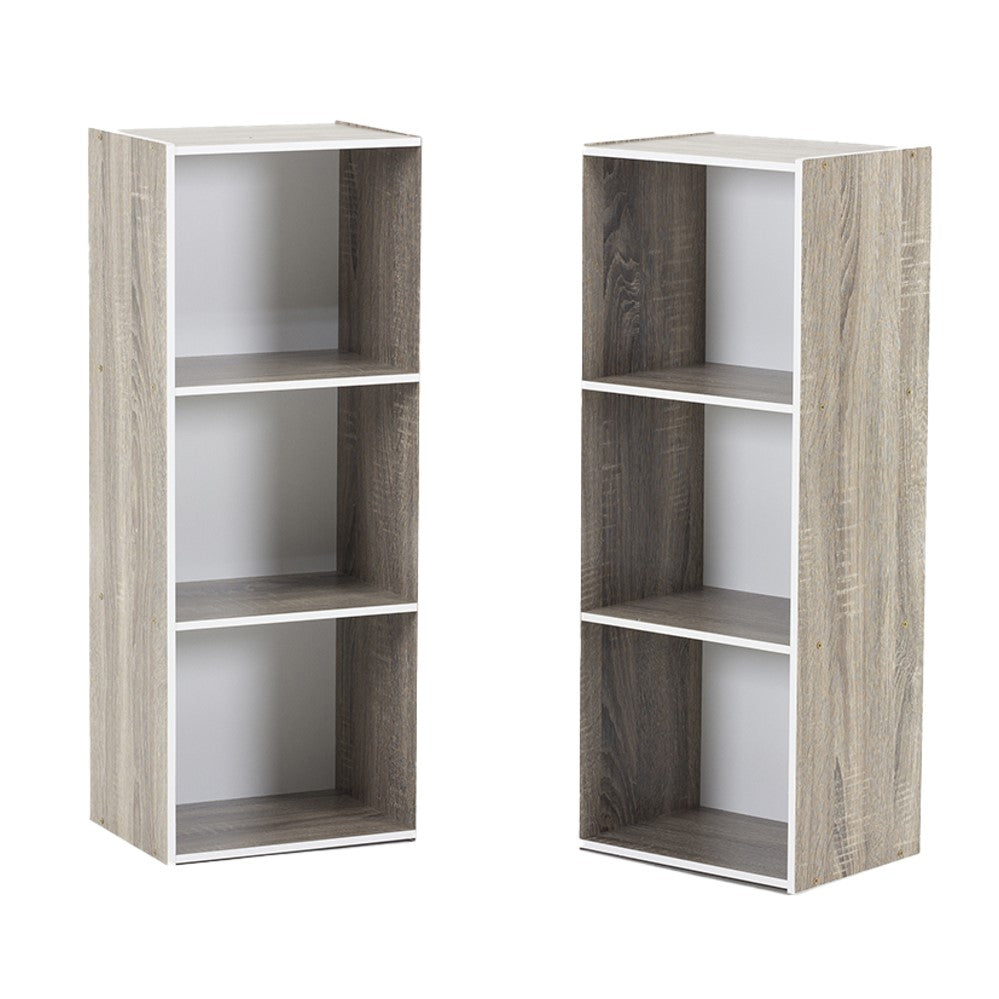 Open bookshelf cabinet in grey wood grain, with three open shelves and side panels.