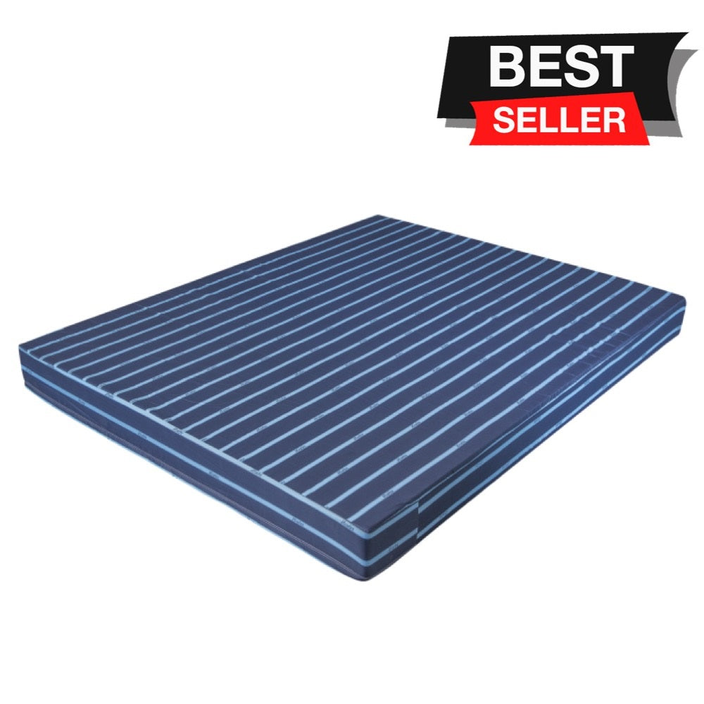 Thin 6-inch cotton mattress with striped blue cover and stitched border
