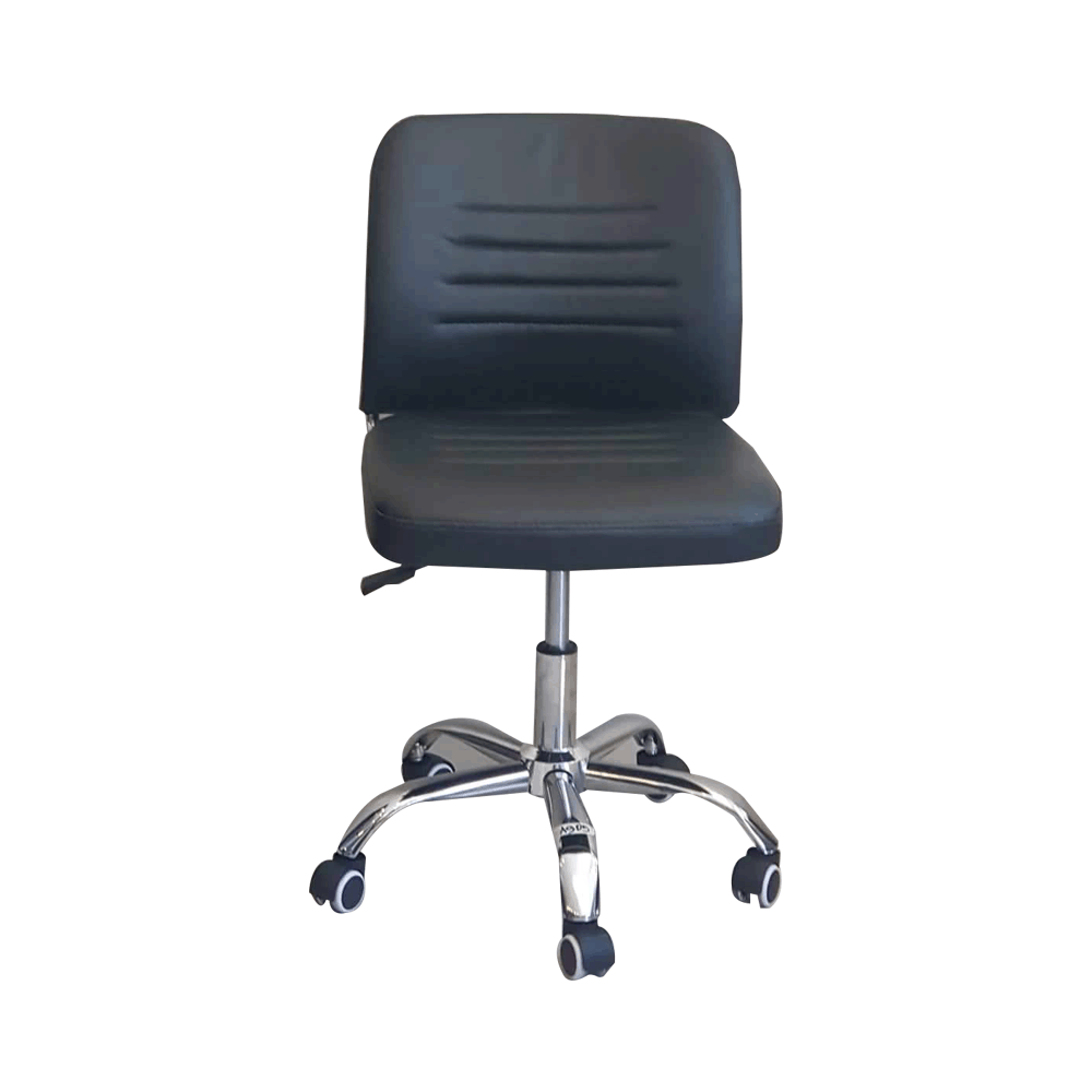 Dark office chair with padded back and seat, chrome base, and five caster wheels