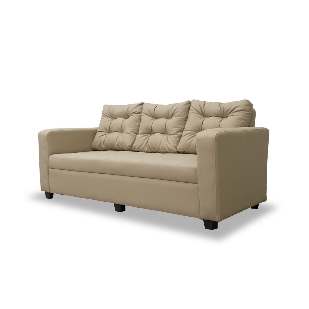 Beige 3-seater sofa with tufted backrest, wide seat, and low legs
