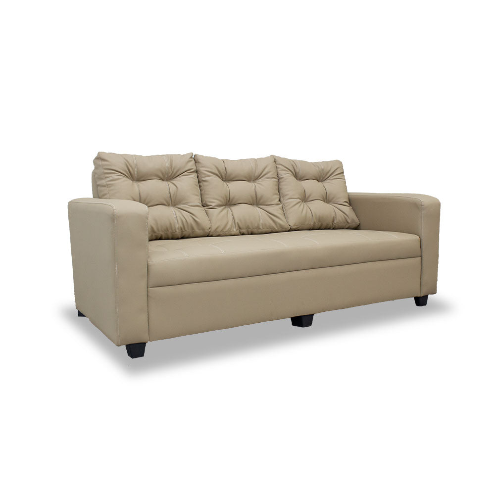 Beige 3-seater sofa with tufted back cushions and padded armrests