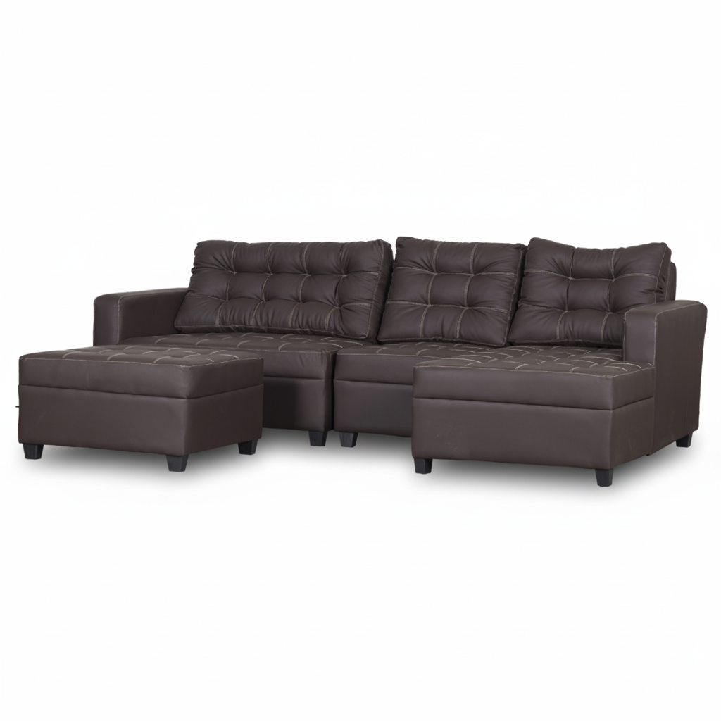 Dark brown L-shape sofa with tufted cushions and two matching ottoman seats