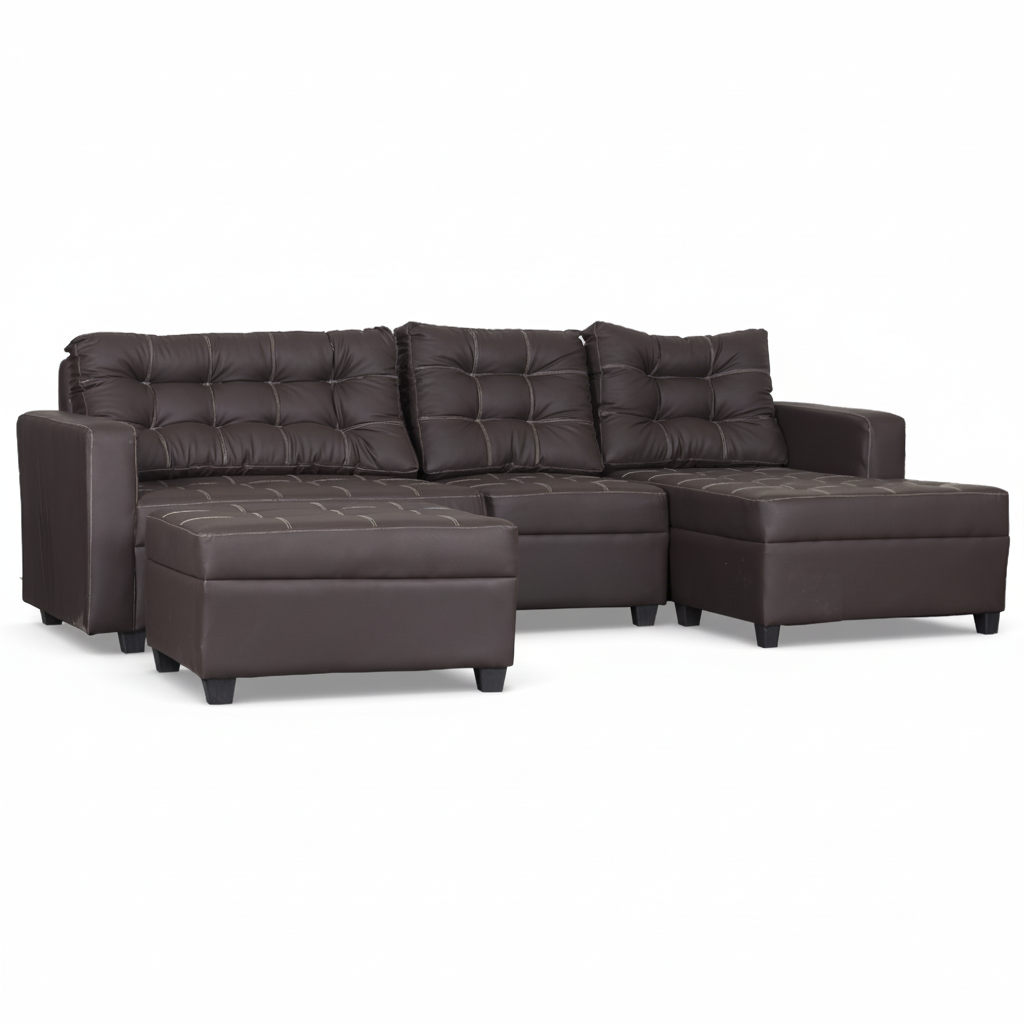 Dark brown L-shape sofa with tufted back cushions and chaise ottoman in front
