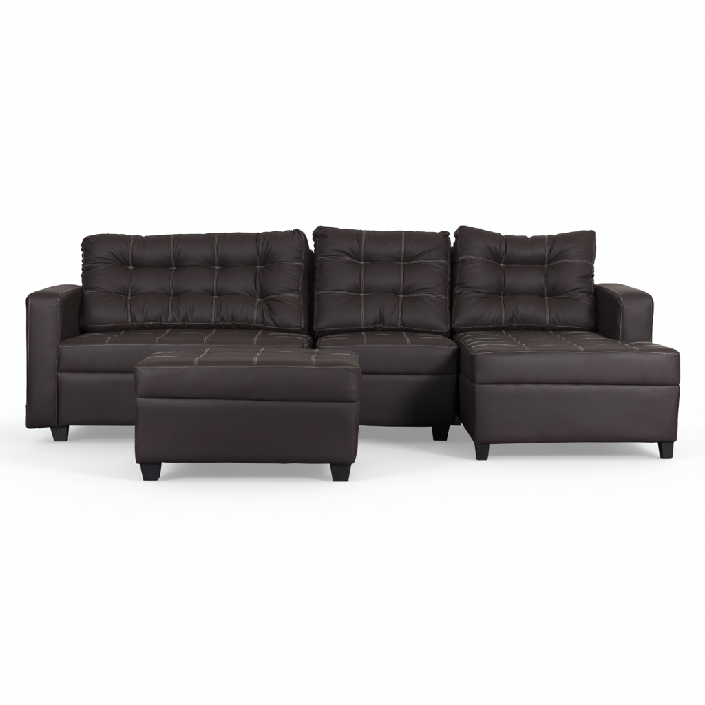 Black L-shape sofa with tufted back cushions and front ottoman chaise sections