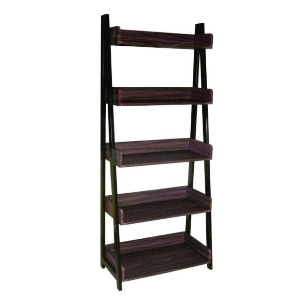 Walnut wooden bookshelf with four open shelves and side ladder-style frames.