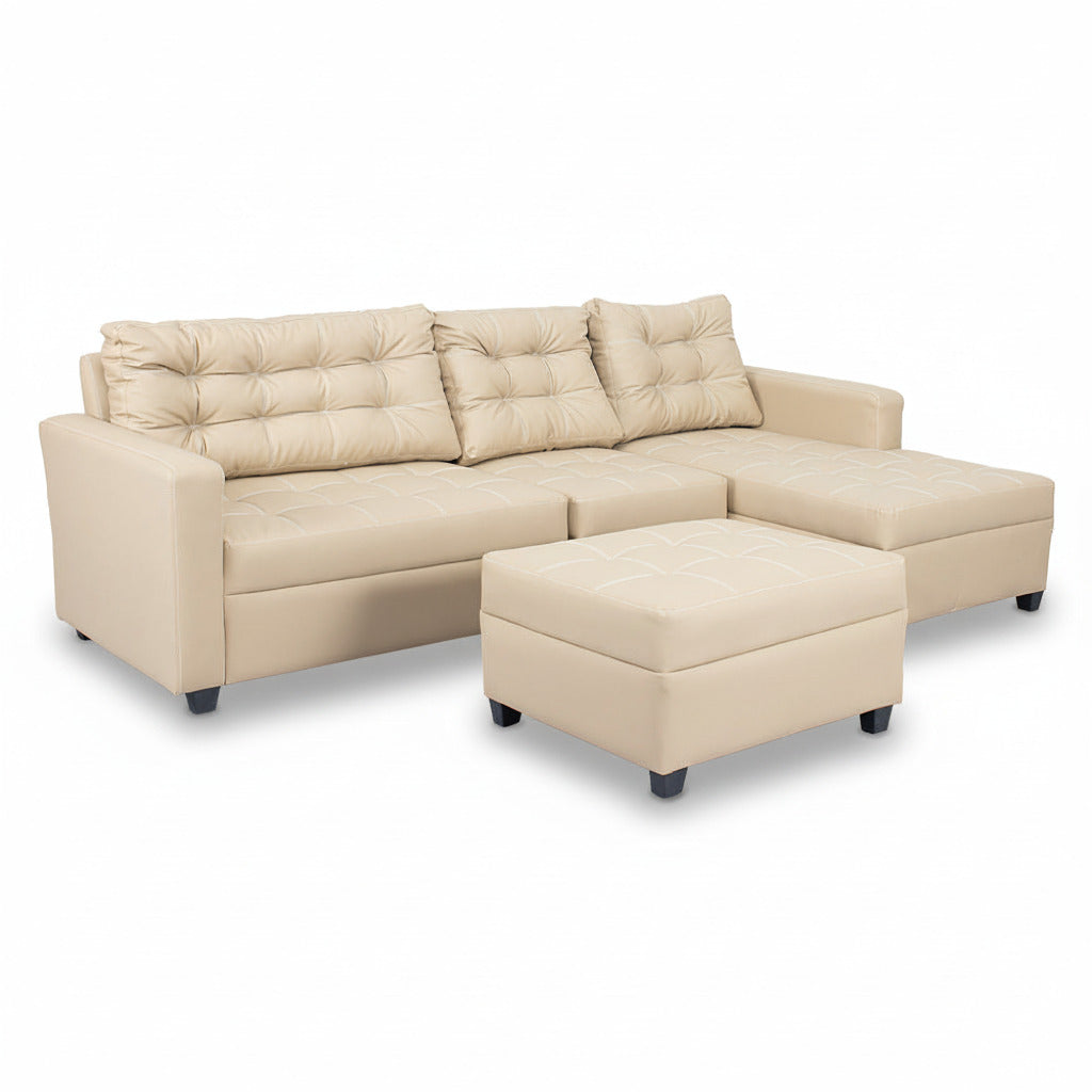 Beige L-shape sofa with tufted cushions and corner chaise with ottoman seat