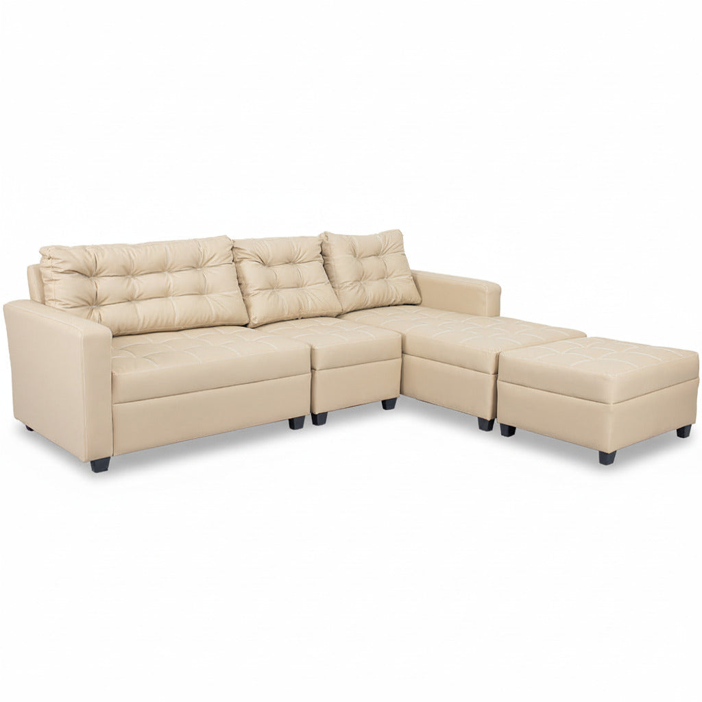 Light beige L-shape sofa with tufted upholstery and chaise corner with ottoman seats