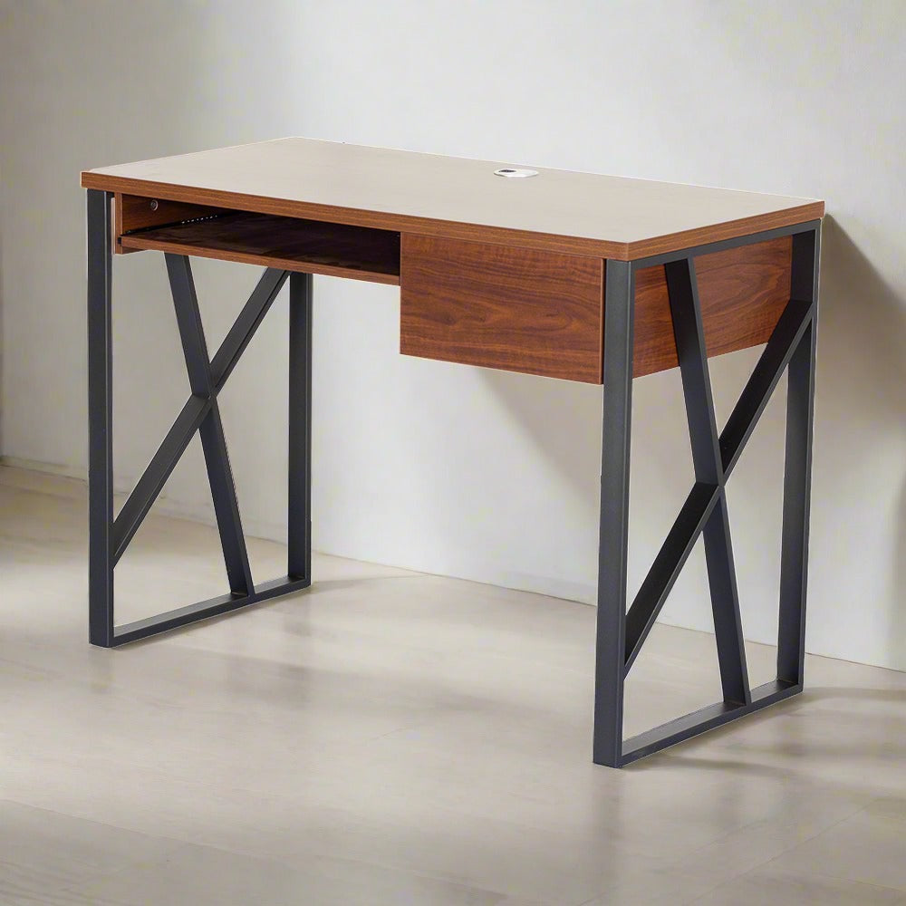 Computer table with open lower shelf, walnut front panel, and black X-frame legs
