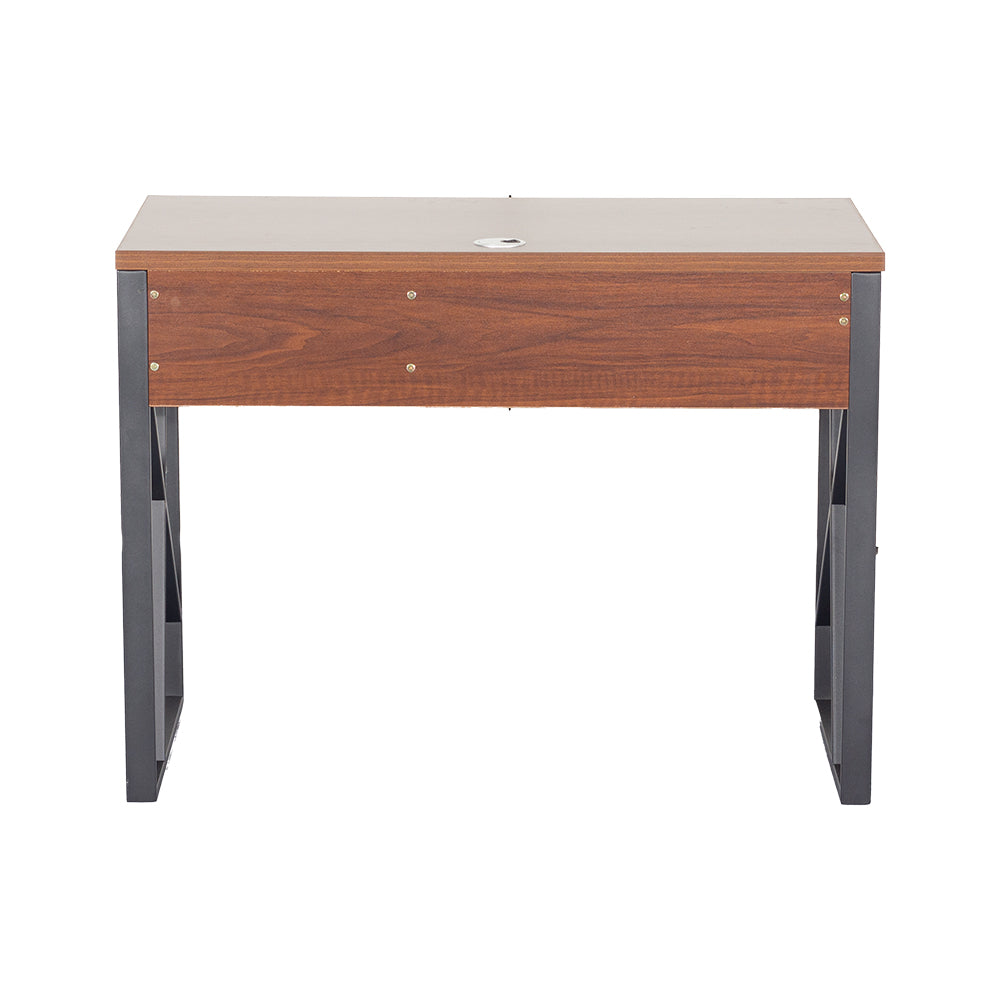 Walnut computer table with gray metal legs and a front drawer