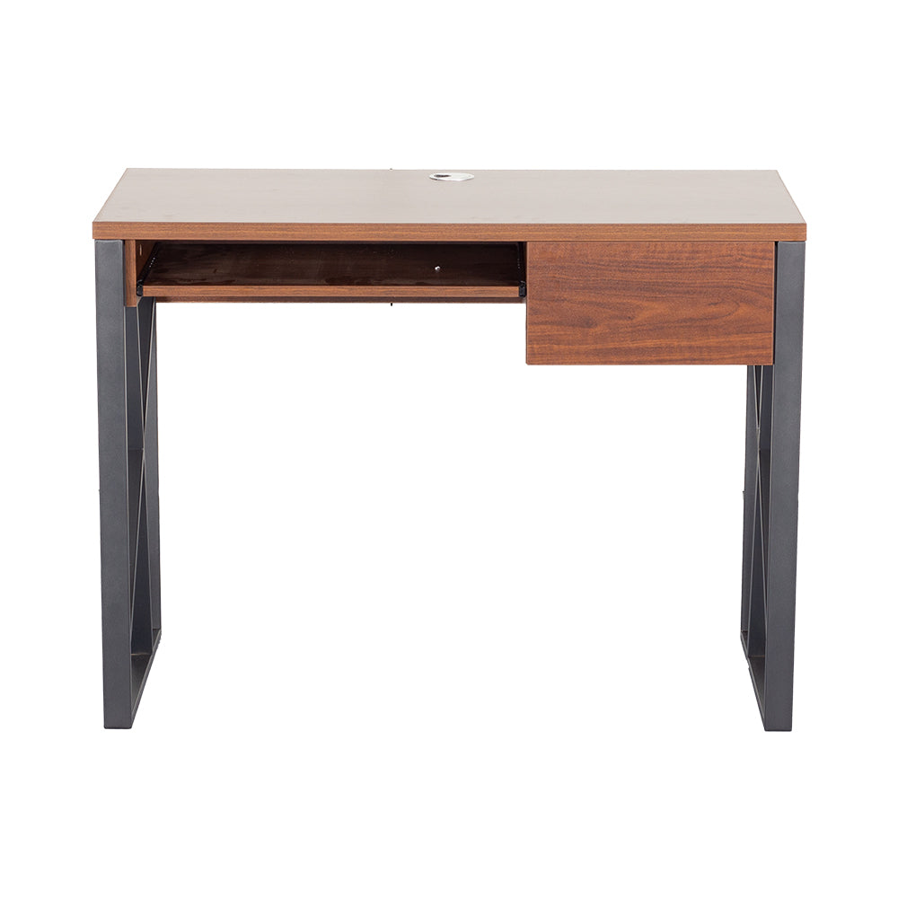 Computer table with walnut top, side drawer, and gray metal support legs