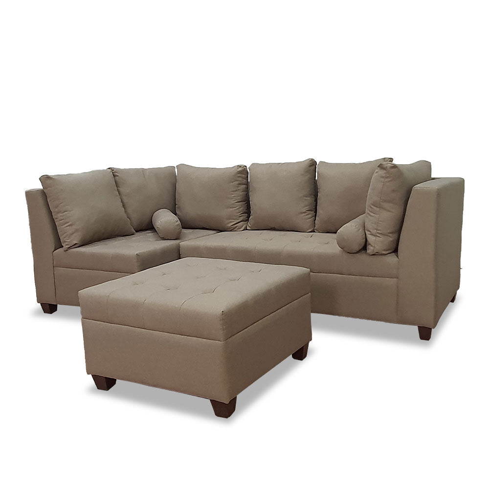 Light beige L-shape sofa with chaise ottoman and back cushions