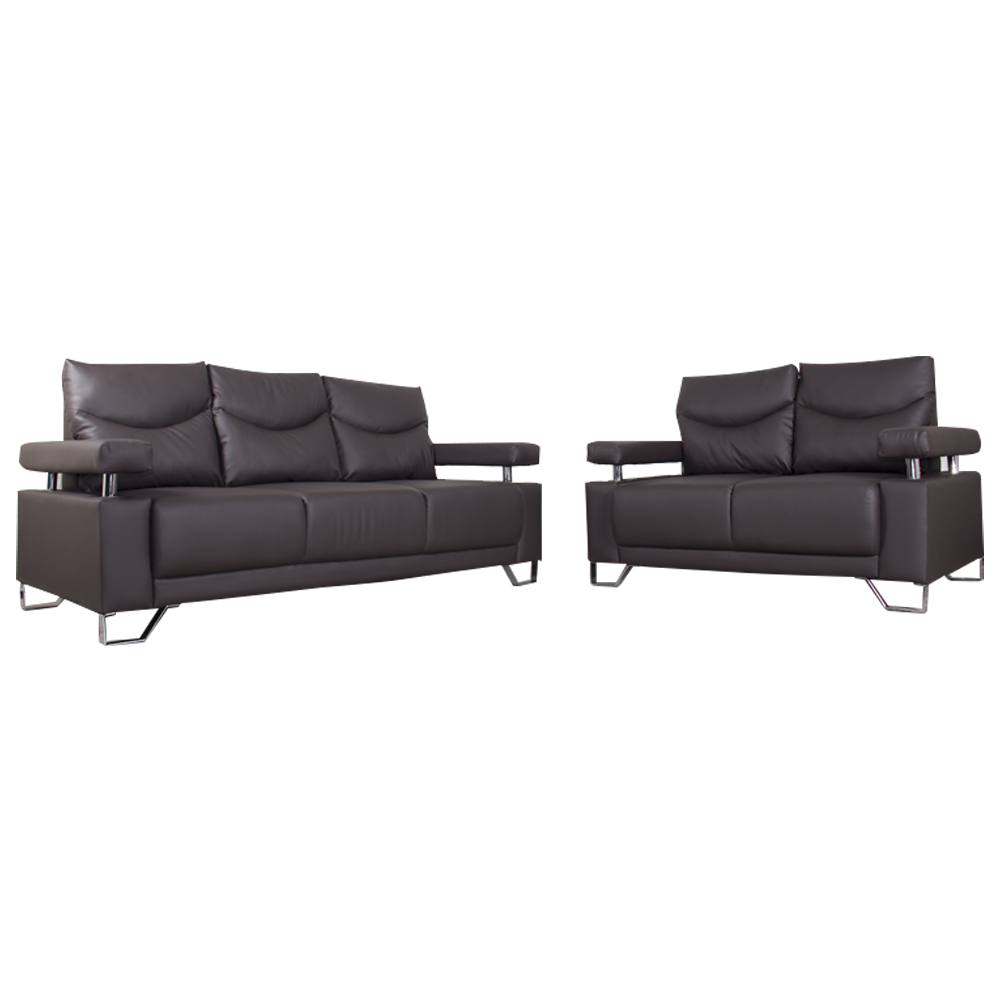 Two dark sofas with tufted back cushions, track arms, and chrome feet