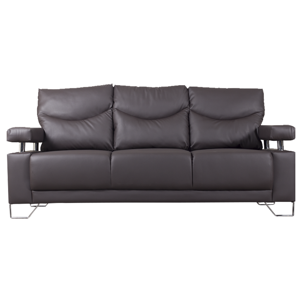 Three-seat sofa with tufted back cushions, armrests, and chrome legs