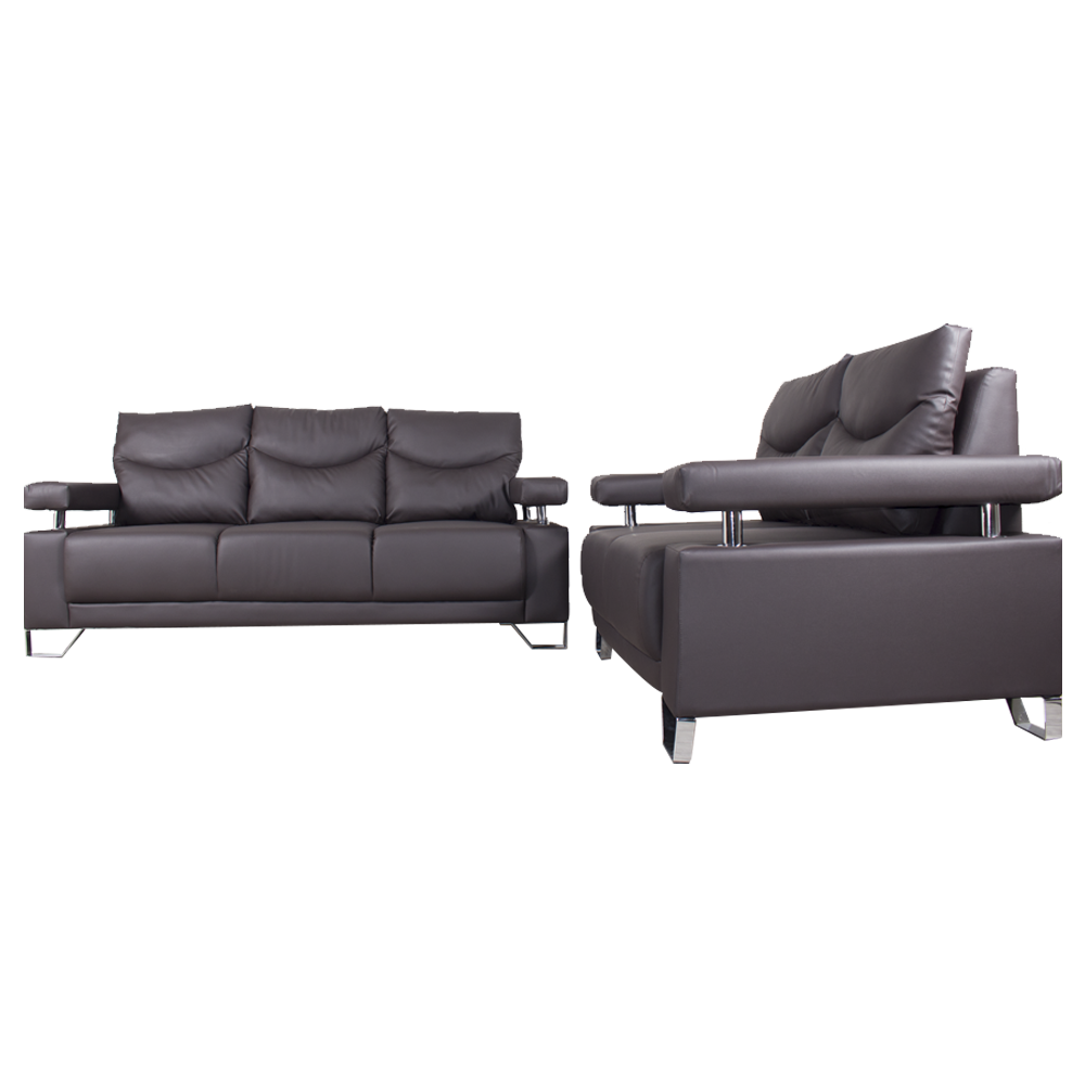3-seat sofa and loveseat set in dark fabric with tufted backs and chrome feet