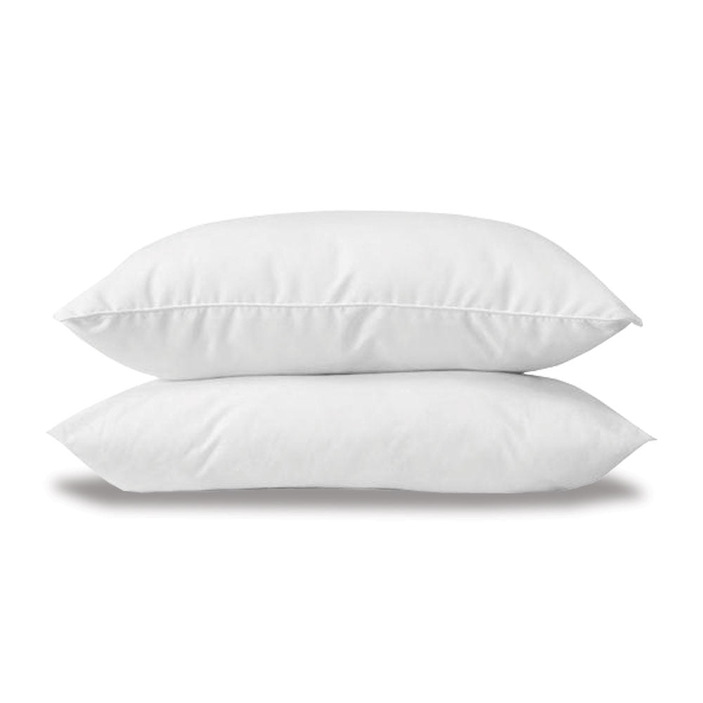 White fiber pillow pair with one pillow slightly forward, smooth stitched cover