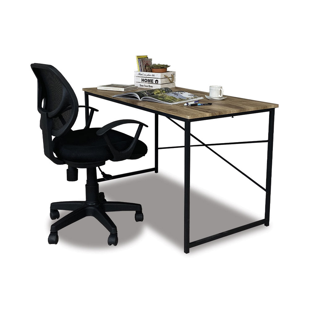 Rectangular desk with light wood top and black metal frame with cross brace