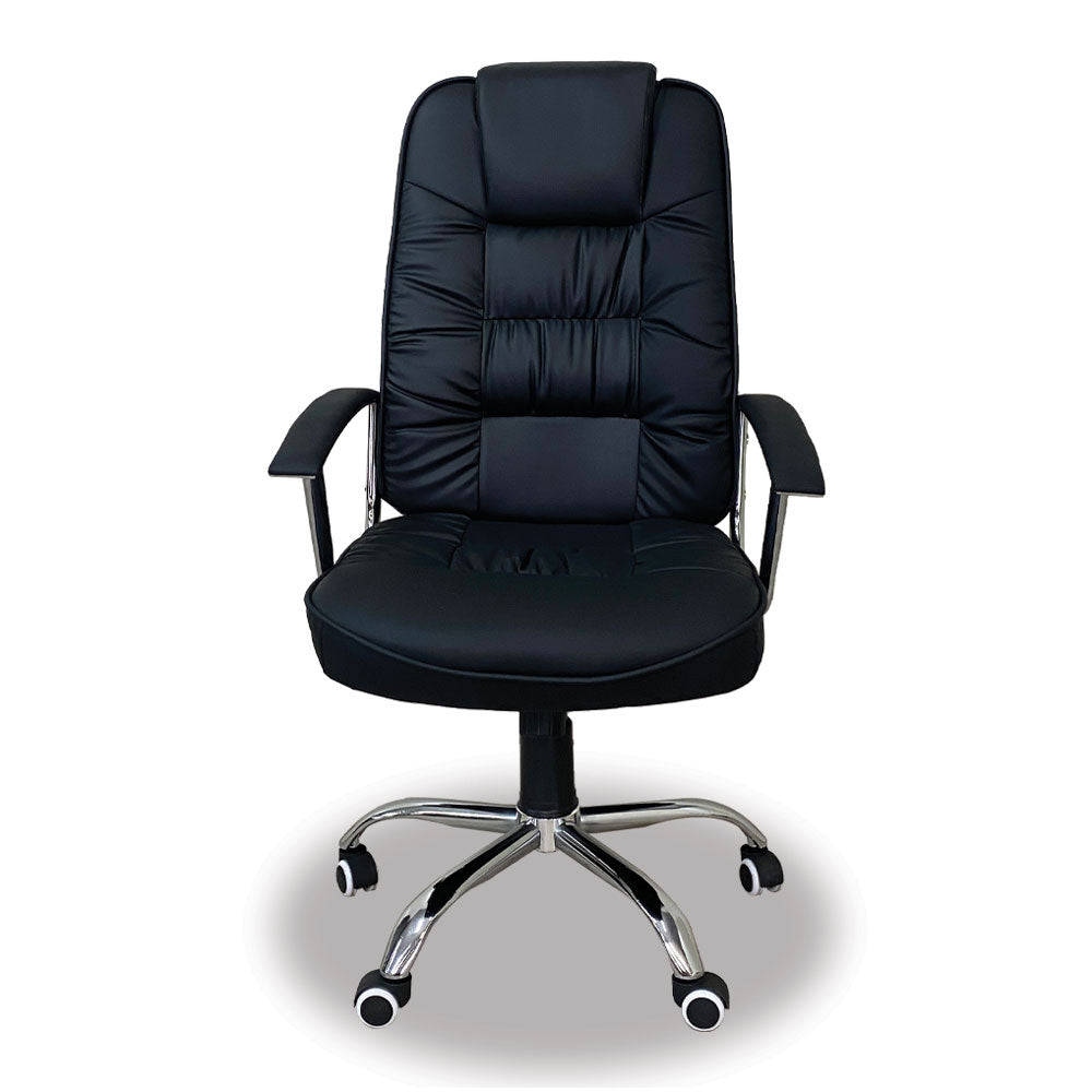 Black executive chair with tufted backrest, padded armrests, chrome base and rolling casters
