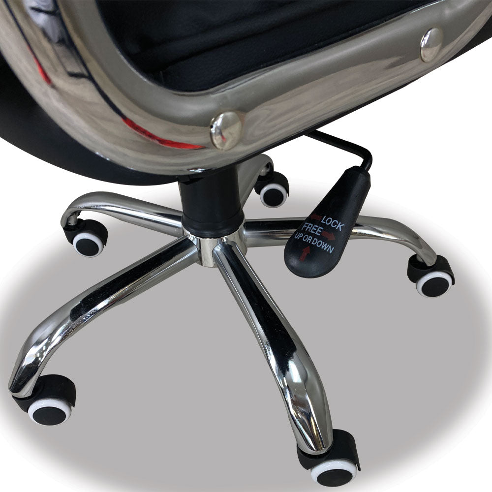 Black executive chair base with chrome legs, rolling casters, and height-lock control