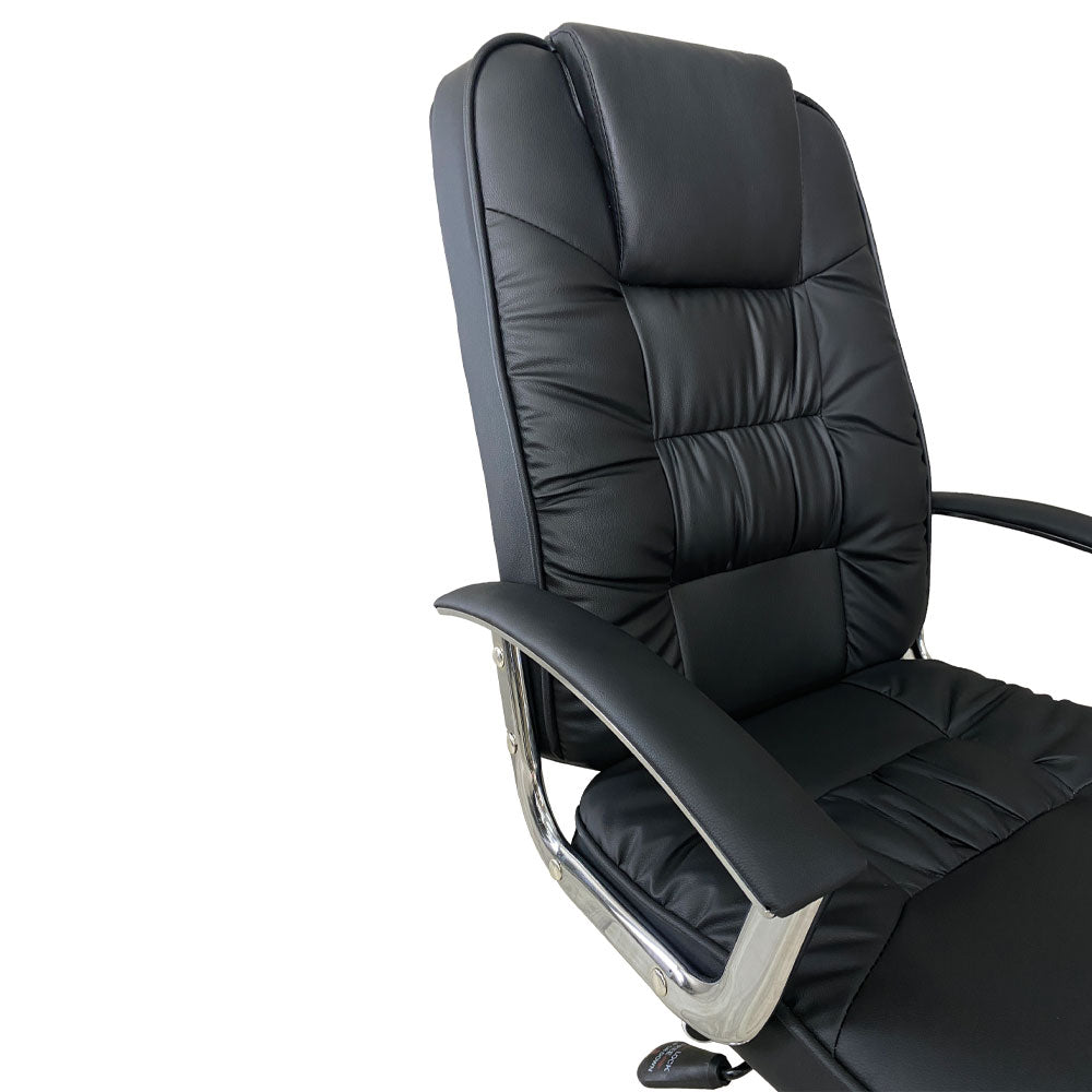 Black executive chair with padded backrest, armrests, chrome base, and rolling casters