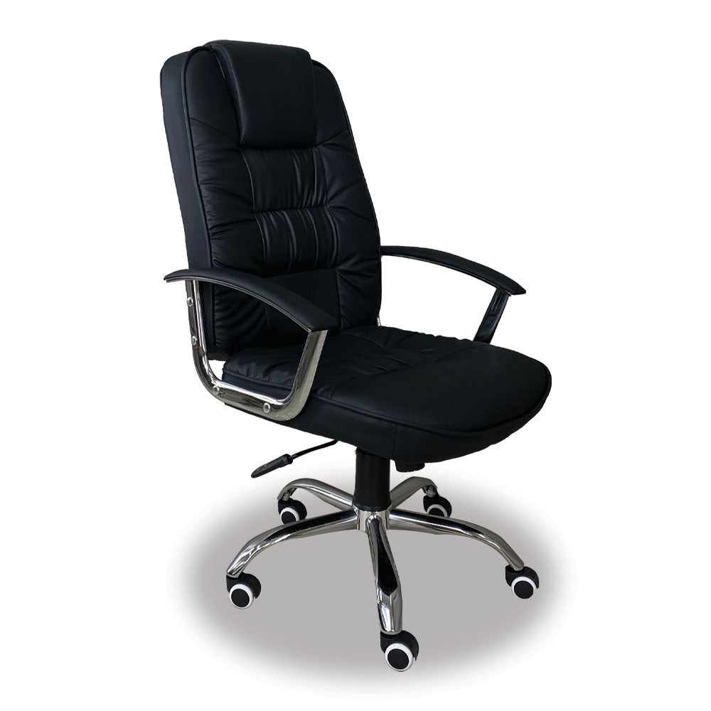 Black executive chair with cushioned seat and back, chrome base and rolling casters