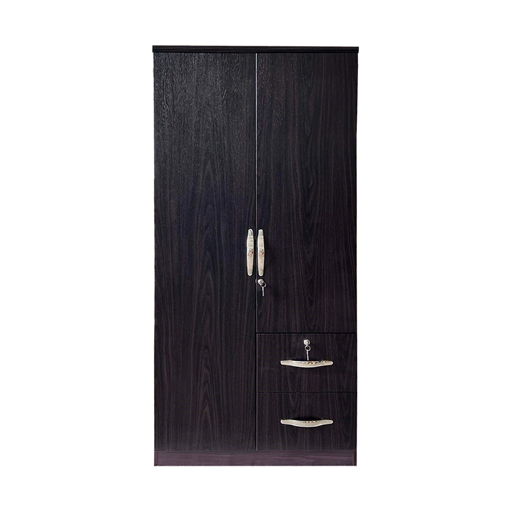 Two-door wardrobe with dark woodgrain panels, two drawers, and metal bar handles